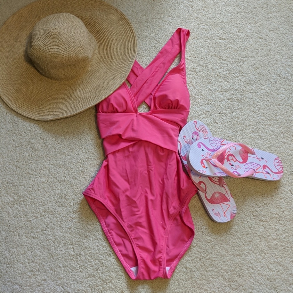 Pink plunge wrap swim suit